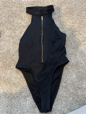Yandy Black High-Neck Zip Front One-Piece Swimsuit